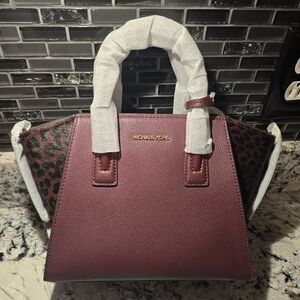 Michael Kors Small Avril Cheetah Print Calf Hair Leather Oxblood Satchel Xbody